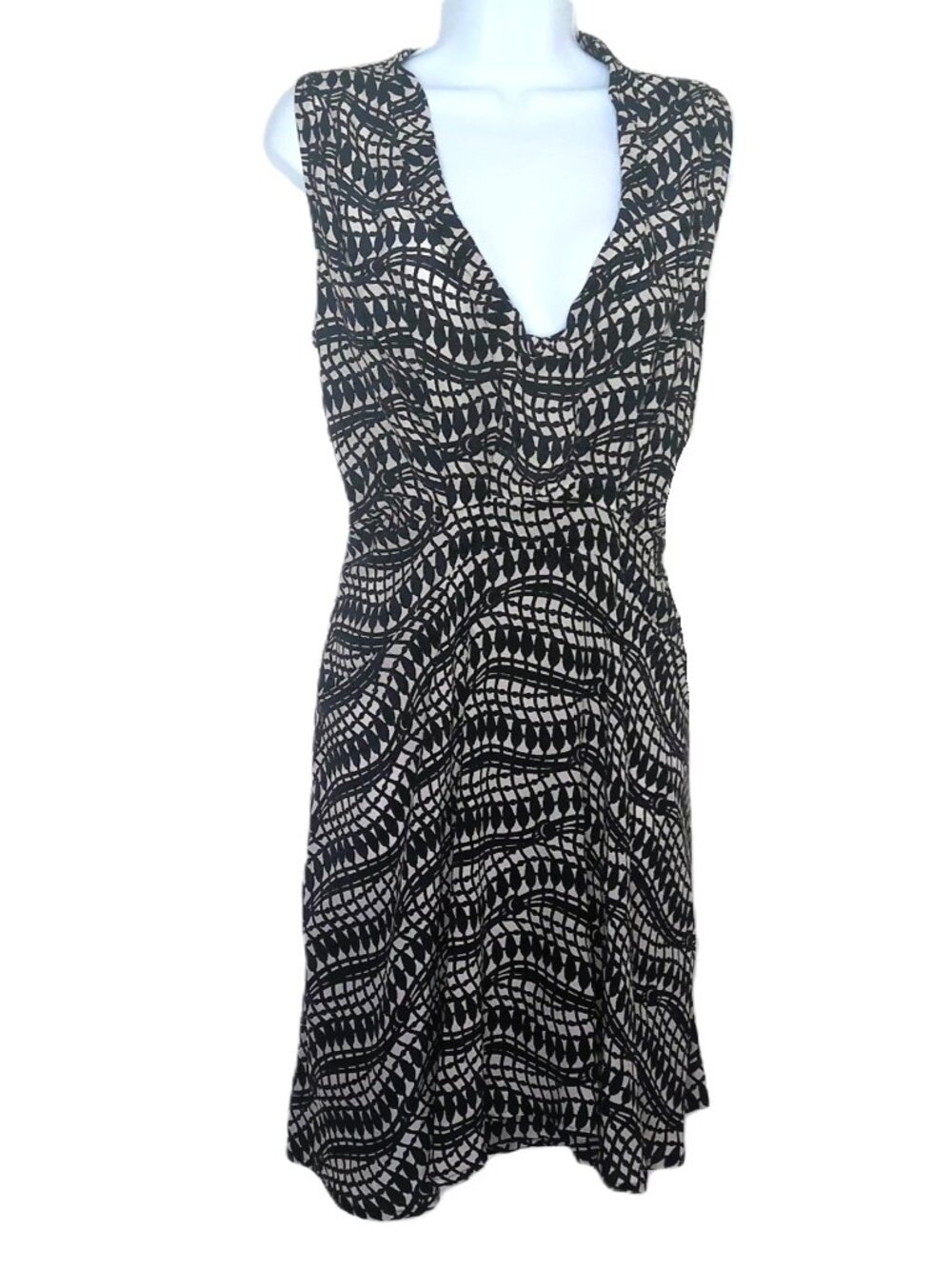 Thakoon Addition Flowy Silk Dress Sleeveless Black Cream Op Art Teardrop Wave 4